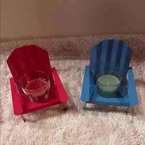 Metal Beach chair Red and Blue Candle Holders with candles and votives
